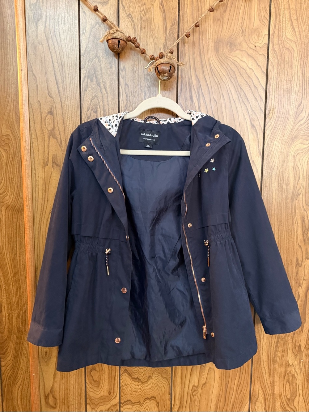 Rokka & Rolla Girls Size 10-12 Navy Hooded Rain Jacket Rainbow Stars Floral - Picture 2 of 11
